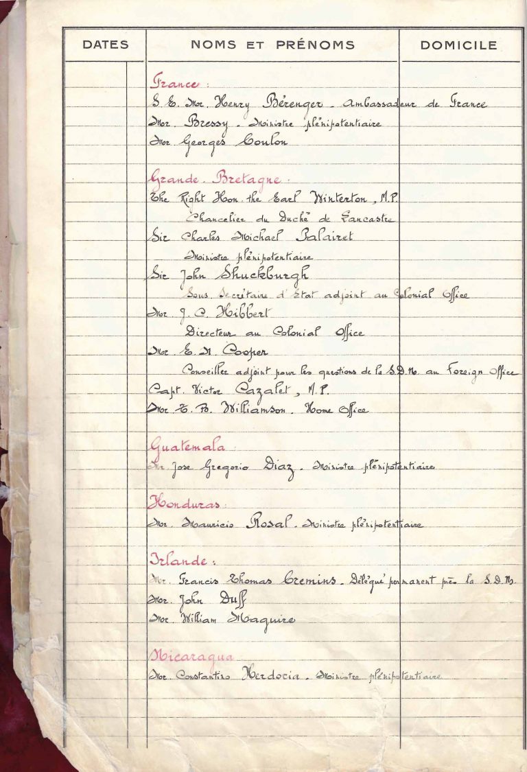 Conference participants listed in the 1938 guestbook, Hotel Royal in Évian-les-Bains 1938, p. 2/3 Évian Resort, Thonon-les-Bains