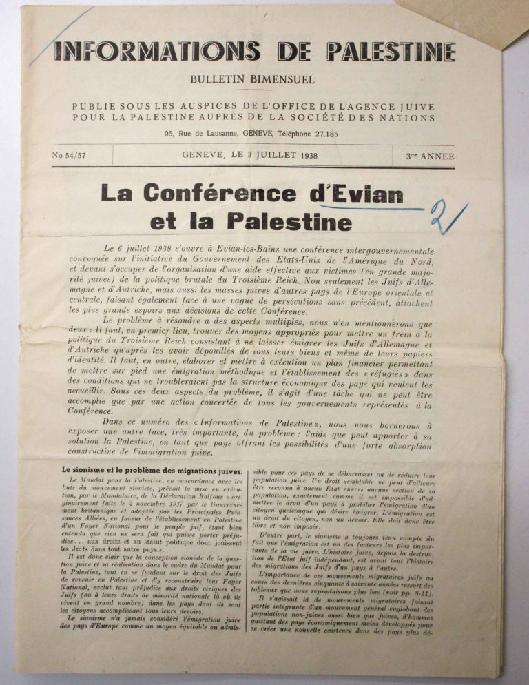 Informations de Palestine, July 3, 1938, p. 1/11 In the publication of its representatives at the League of Nations in Geneva, the Jewish Agency for Palestine presents its position on the refugee problem. Schweizerisches Bundesarchiv, Bern, E4800.1#1000867#65