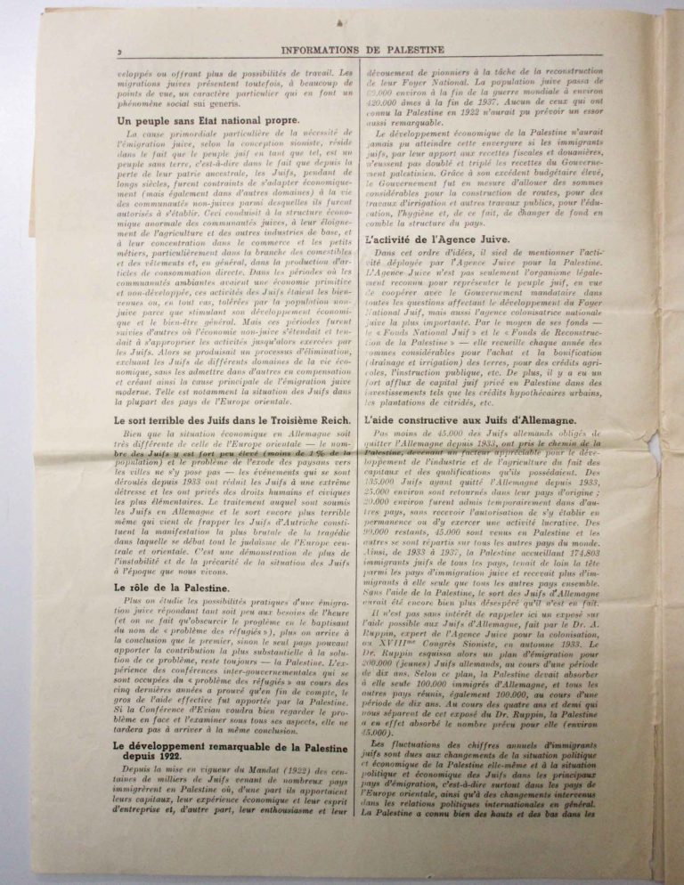 Informations de Palestine, July 3, 1938, p. 2/11 In the publication of its representatives at the League of Nations in Geneva, the Jewish Agency for Palestine presents its position on the refugee problem. Schweizerisches Bundesarchiv, Bern, E4800.1#1000867#65