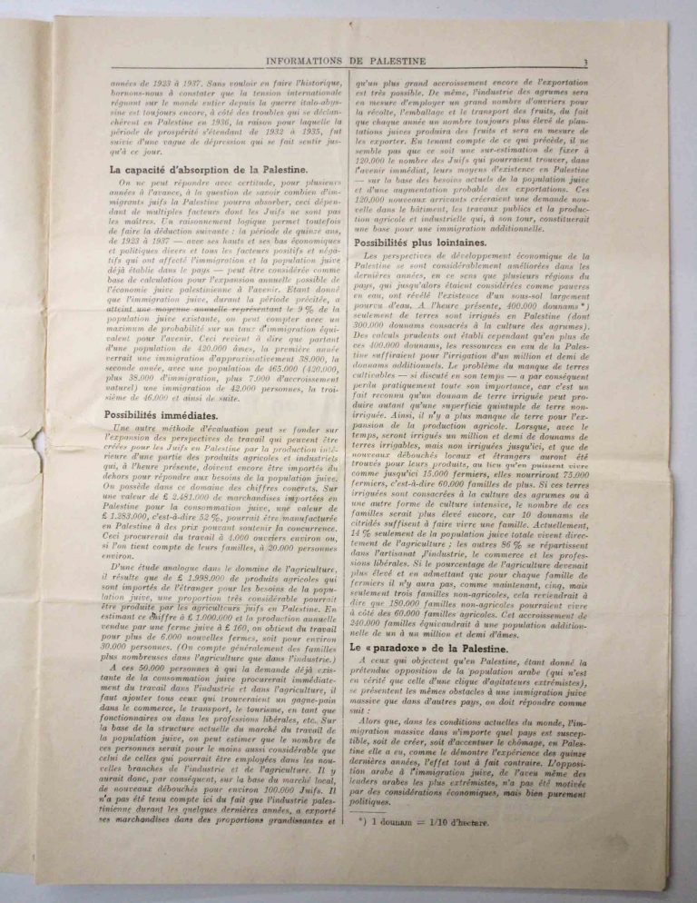 Informations de Palestine, July 3, 1938, p. 3/11 In the publication of its representatives at the League of Nations in Geneva, the Jewish Agency for Palestine presents its position on the refugee problem. Schweizerisches Bundesarchiv, Bern, E4800.1#1000867#65