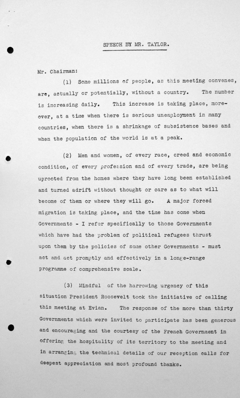 Eröffnungsansprache Myron C. Taylors (USA) in der öffentlichen Sitzung am 6. Juli 1938, 16 Uhr, S. 1/6 Franklin D. Roosevelt Library, Hyde Park, NY