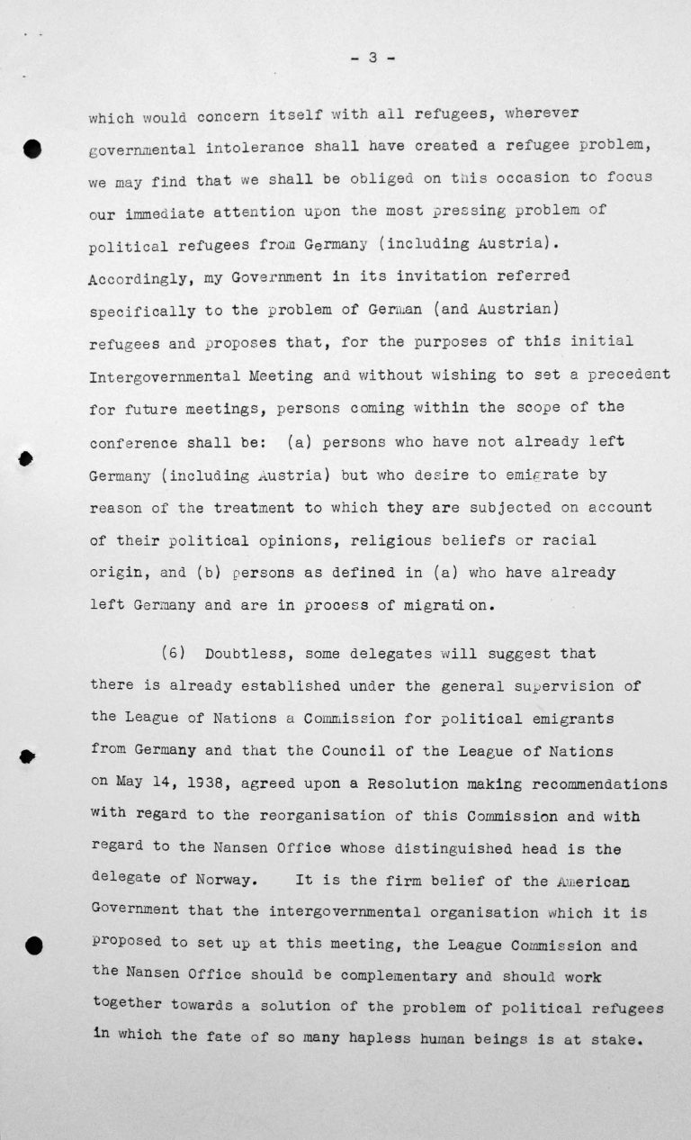 Opening address by Myron C. Taylor in the public session on July 6, 1938, 4pm, p. 3/6 Franklin D. Roosevelt Library, Hyde Park, NY