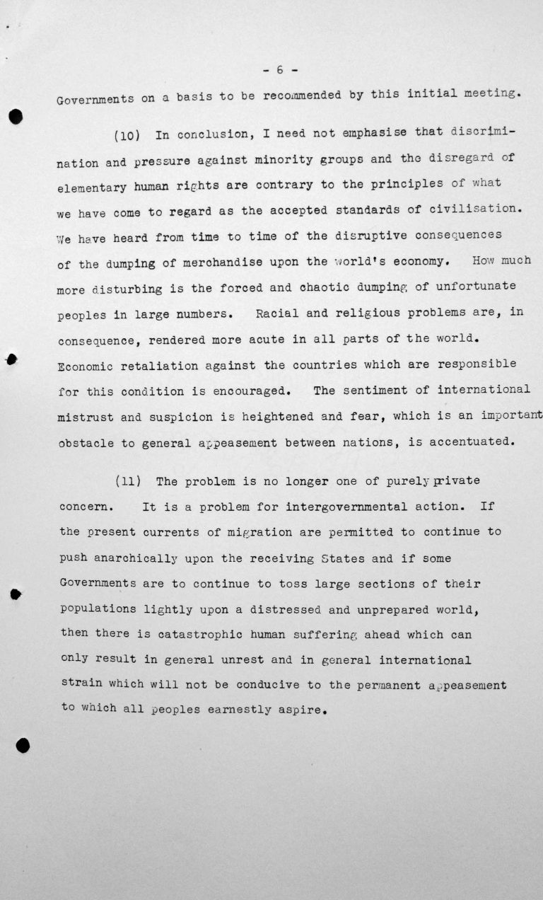 Opening address by Myron C. Taylor in the public session on July 6, 1938, 4pm, p. 6/6 Franklin D. Roosevelt Library, Hyde Park, NY