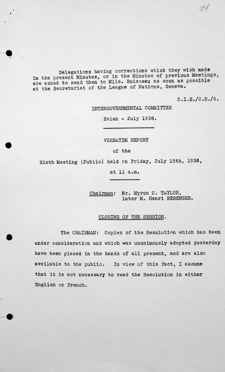 Schlussansprache Myron C. Taylors in der öffentlichen Sitzung am 15. Juli 1938, 11 Uhr, S. 1/4 Franklin D. Roosevelt Library, Hyde Park, NY