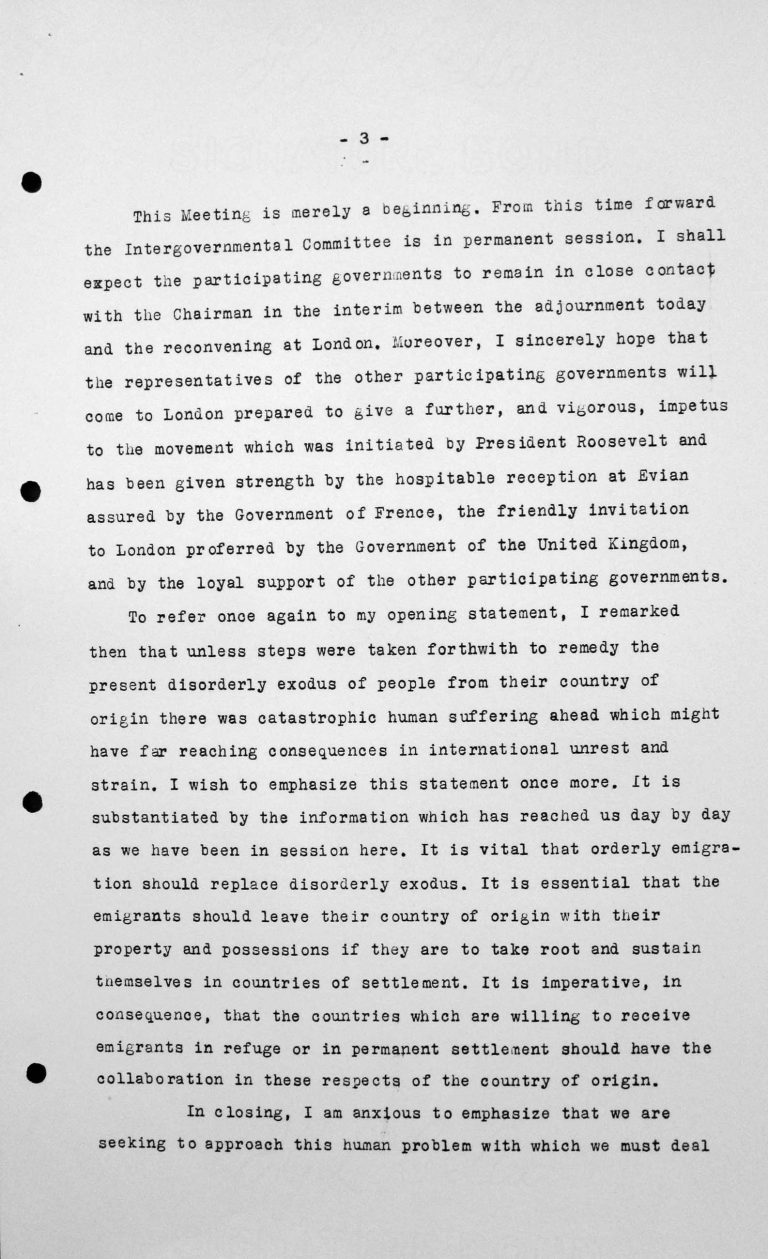 Schlussansprache Myron C. Taylors in der öffentlichen Sitzung am 15. Juli 1938, 11 Uhr, S. 3/4 Franklin D. Roosevelt Library, Hyde Park, NY