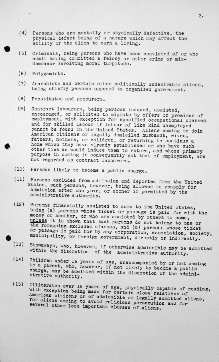 Bericht an das Technische Unterkomitee über die Einwanderungsgesetze der Vereinigten Staaten von Amerika und deren Anwendung hinsichtlich der Aufnahme von Immigranten, 8. Juli 1938, S. 2/9 Franklin D. Roosevelt Library, Hyde Park, NY