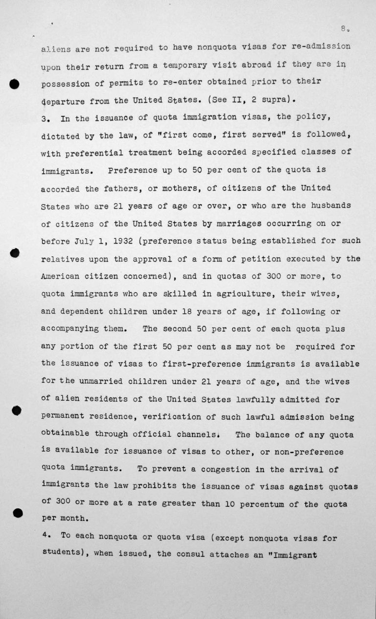 Bericht an das Technische Unterkomitee über die Einwanderungsgesetze der Vereinigten Staaten von Amerika und deren Anwendung hinsichtlich der Aufnahme von Immigranten, 8. Juli 1938, S. 8/9 Franklin D. Roosevelt Library, Hyde Park, NY