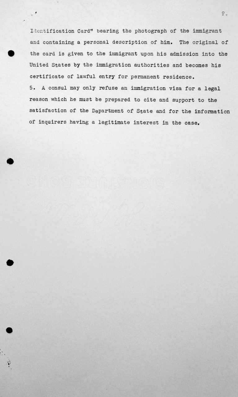 Bericht an das Technische Unterkomitee über die Einwanderungsgesetze der Vereinigten Staaten von Amerika und deren Anwendung hinsichtlich der Aufnahme von Immigranten, 8. Juli 1938, S. 9/9 Franklin D. Roosevelt Library, Hyde Park, NY
