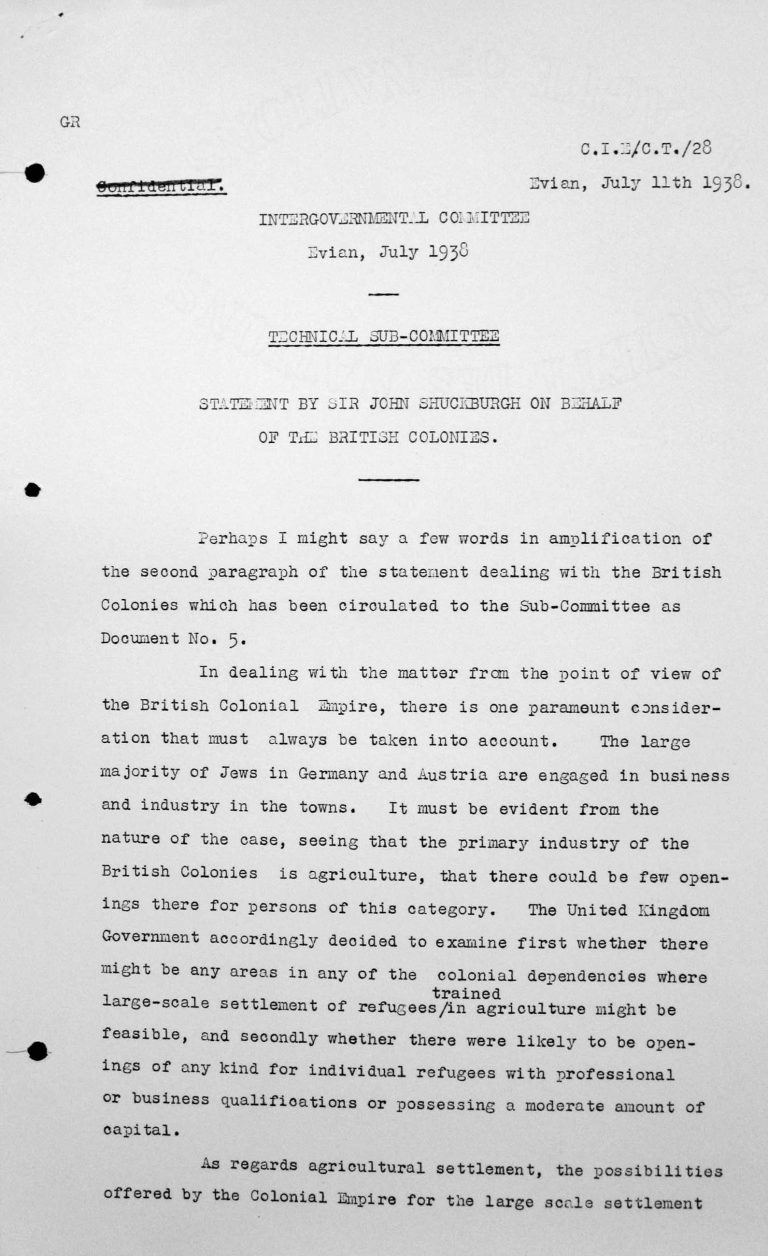 Stellungnahme für das Technische Unterkomitee von Sir John Shuckburgh im Namen der britischen Kolonien, 11. Juli 1938, S. 1/2 Franklin D. Roosevelt Library, Hyde Park, NY
