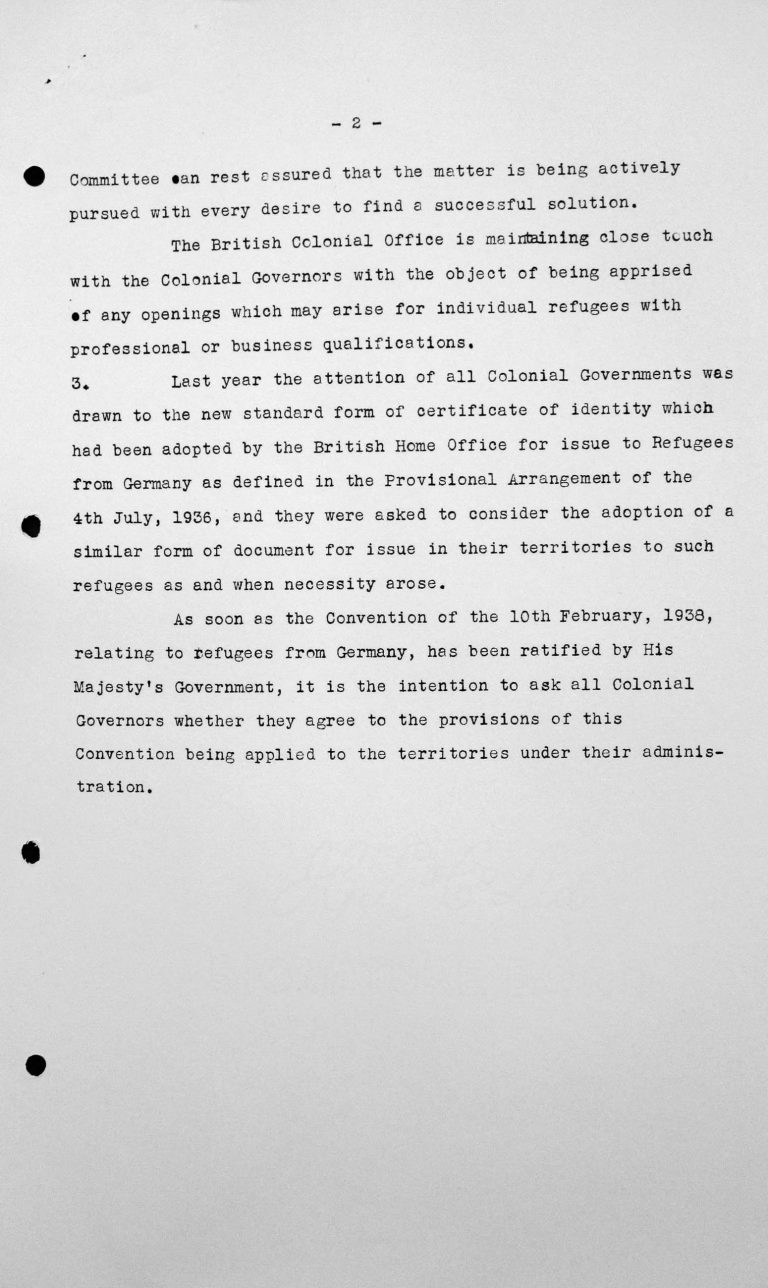 Stellungnahme für das Technische Unterkomitee betreffend britische Kolonien etc., 8. Juli 1938, S. 2/2 Franklin D. Roosevelt Library, Hyde Park, NY