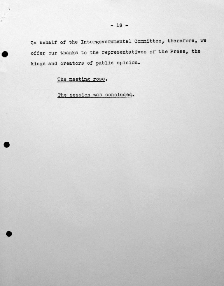Schlussansprache Henry Bérengers (Frankreich) in der öffentlichen Sitzung am 15. Juli 1938, S. 6/6 Franklin D. Roosevelt Library, Hyde Park, NY