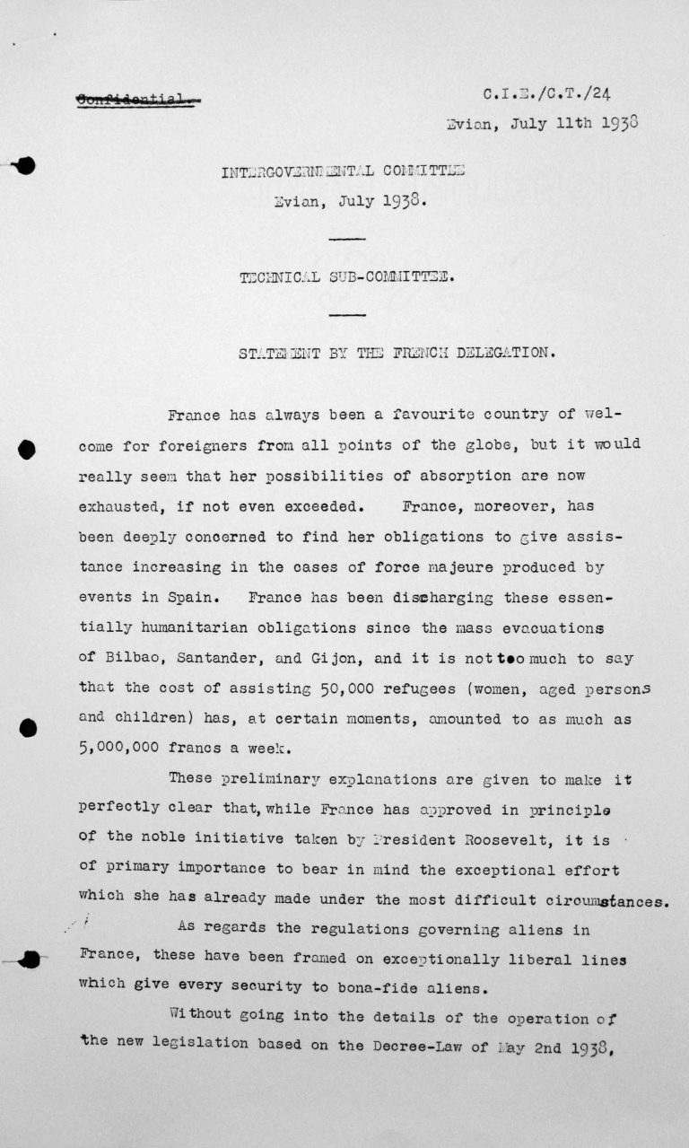 Stellungnahme der französischen Delegation für das Technische Unterkomitee, 11. Juli 1938, S. 1/4 Franklin D. Roosevelt Library, Hyde Park, NY