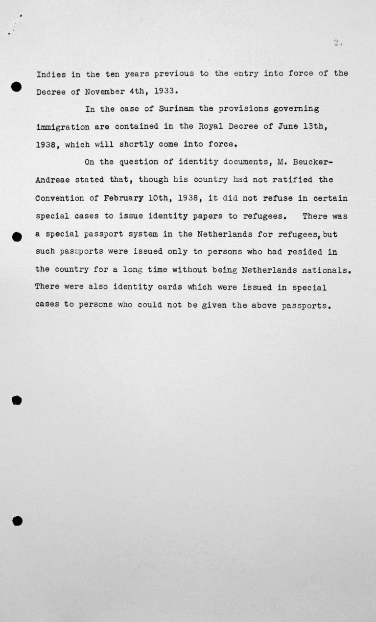Erklärung der Delegation der Niederlande bei der ersten Sitzung des Technischen Unterkomitees am 8. Juli 1938, S. 2/2 Franklin D. Roosevelt Library, Hyde Park, NY