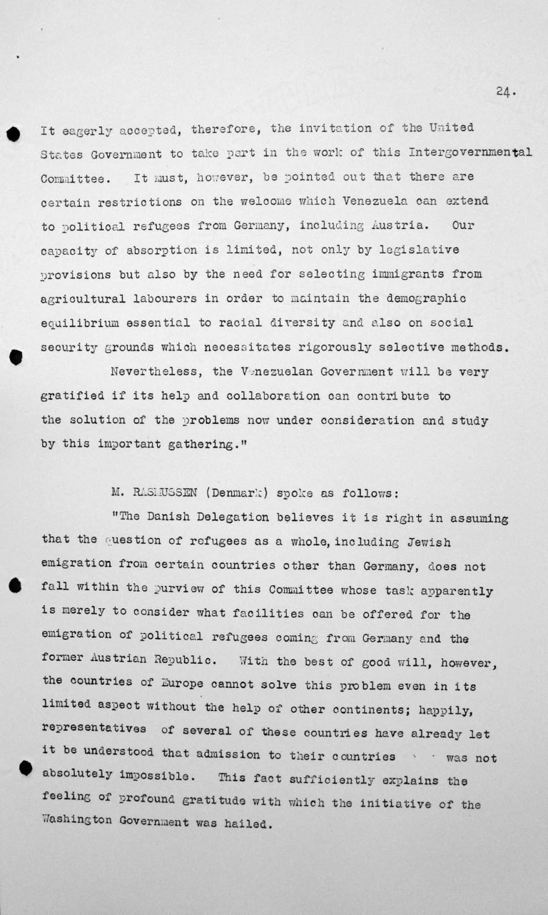 Stellungnahme von Gustav Rasmussen (Dänemark) in der öffentlichen Sitzung am 9. Juli 1938, 11 Uhr, S. 1/2 Franklin D. Roosevelt Library, Hyde Park, NY