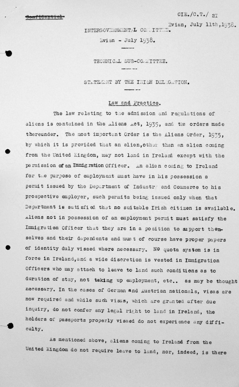 Stellungnahme der irischen Delegation für das Technische Unterkomitee, 11. Juli 1938, S. 1/3 Franklin D. Roosevelt Library, Hyde Park, NY