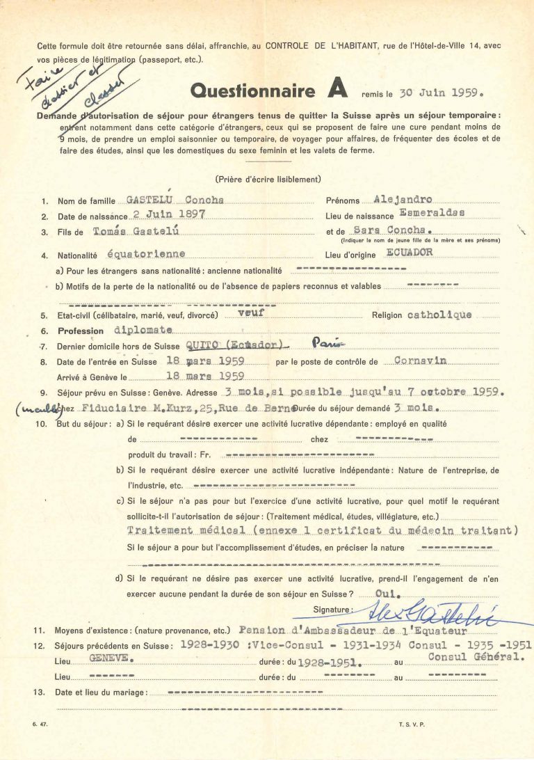 First page of registration form filled out by Gastelú on June 30, 1959 at the Geneva Residents‘ Registration Office (Contrôle de l‘habitant) The former consul general returns to Geneva in 1959 for medical treatment. Archives d’Etat de Genève, Genf