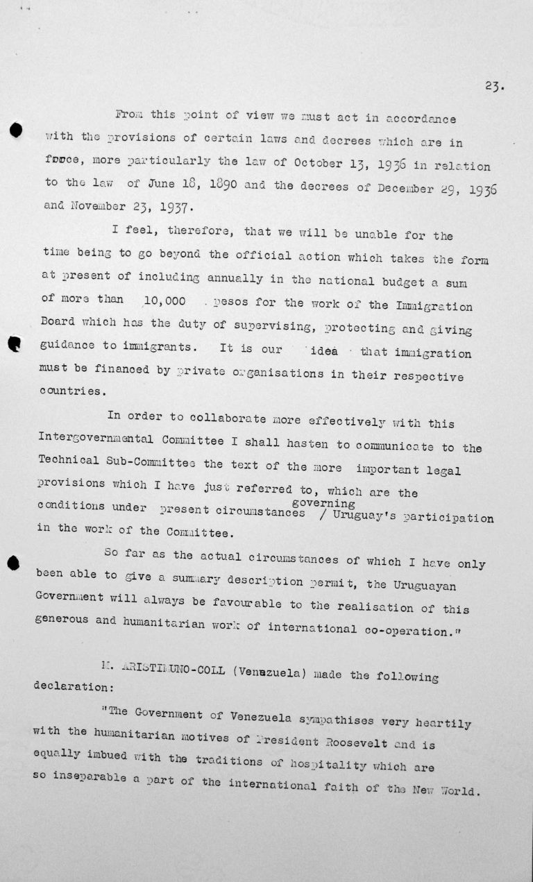 Erklärung von Carlos Aristimuno Coll (Venezuela) in der öffentlichen Sitzung am 9. Juli 1938, S. 1/2 Franklin D. Roosevelt Library, Hyde Park, NY