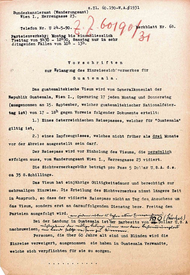 Österreichisches Bundeskanzleramt (Wanderungsamt): Vorschriften zur Erlangung des Einreisesichtvermerkes für Guatemala, 1938 Österreichisches Staatsarchiv, Wien
