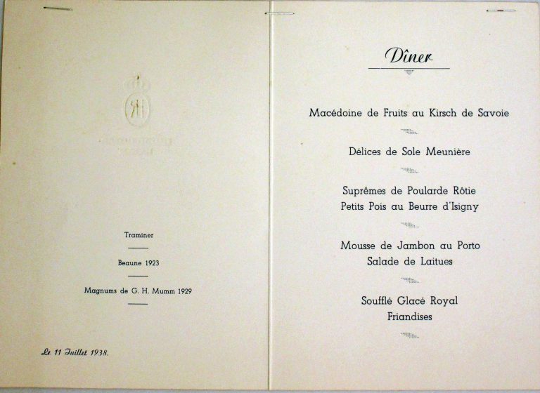 Hotel Royal wine and menu list for July 11, 1938 The Hotel Royal offers top-quality gourmet cuisine, both at daily meals and at receptions organized by the conference’s French honorary president and American president for international delegation leaders. Franklin D. Roosevelt Library, Hyde Park, NY