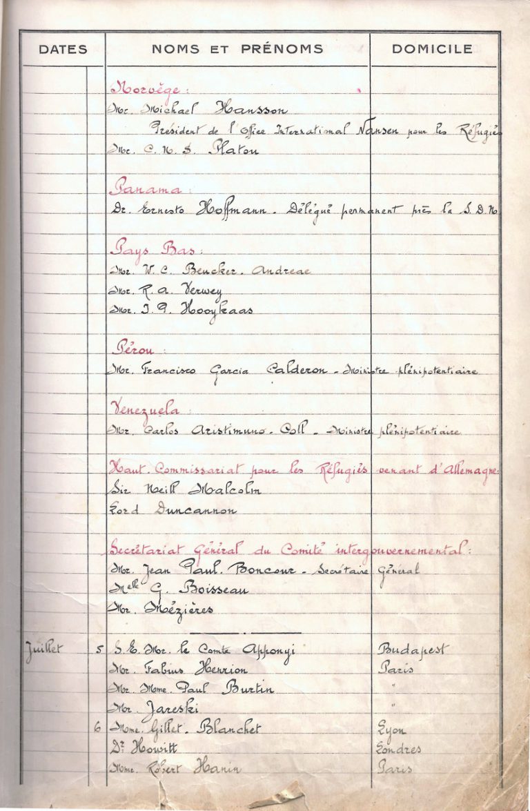 Conference participants listed in the 1938 guestbook, Hotel Royal in Évian-les-Bains 1938, p. 3/3 Évian Resort, Thonon-les-Bains